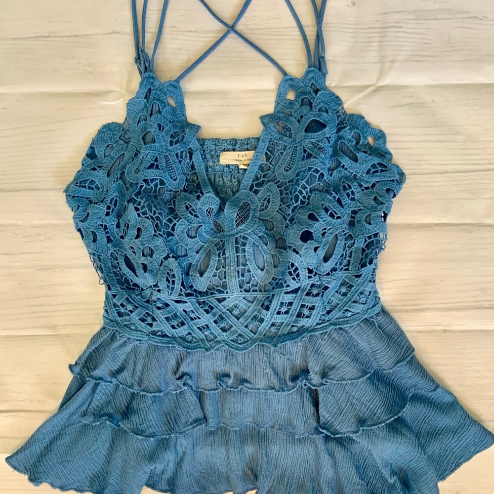 Chelsea & Violet Blue Lace Peplum Camisole with Strappy Back-new without tag